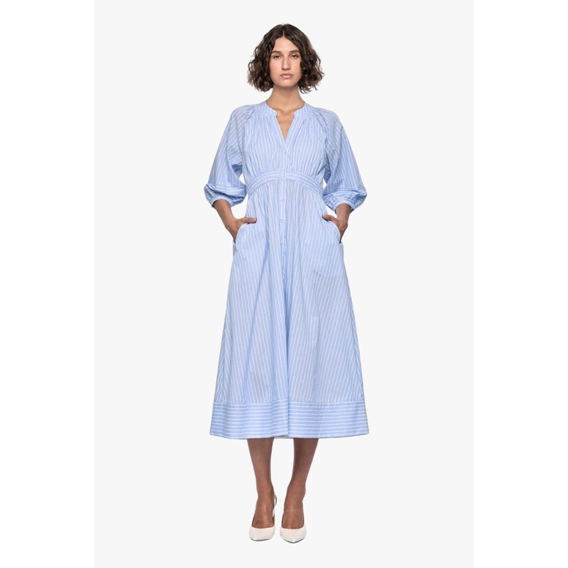 Myra Blue Stripe Mid Sleeve Midi Dress