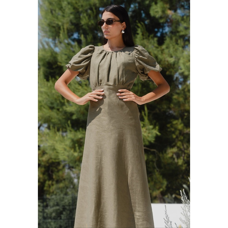 Stage Khaki Linen Blend Puff Sleeve Floaty Maxi Dress