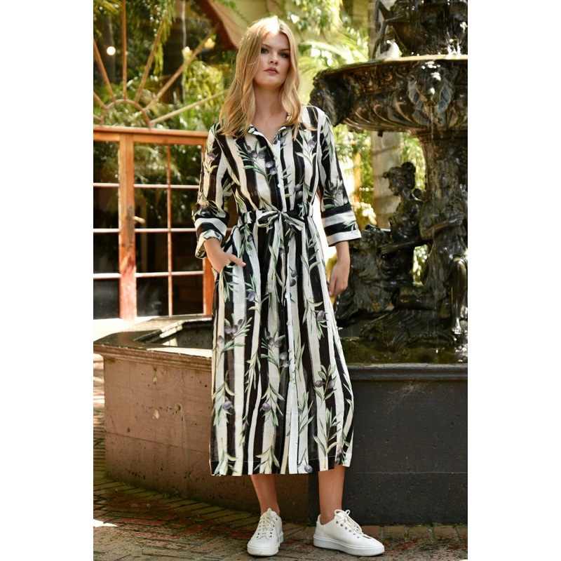 Stripe A Pose Black Striped Olive Print SS Midi Shirt Dress