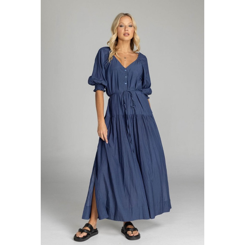 Whispered Promises Navy Button Front Mid Sleeve Maxi Dress