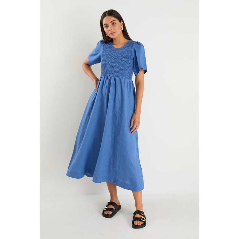 Wren Cornflower Blue Linen SS Shirred Bodice Midi Dress