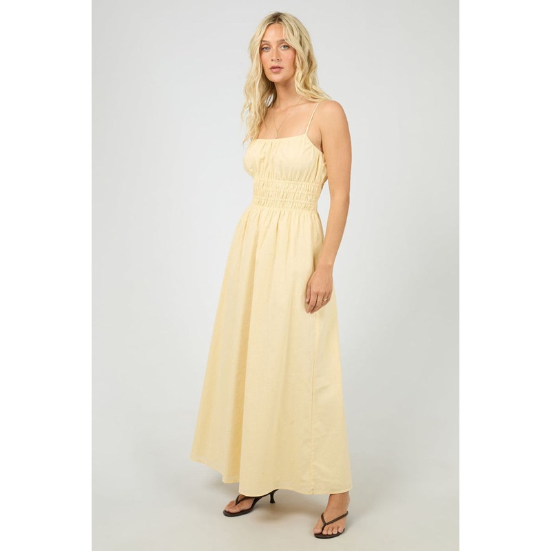 Alessa Yellow Ruched Bodice Strappy Linen Maxi Dress