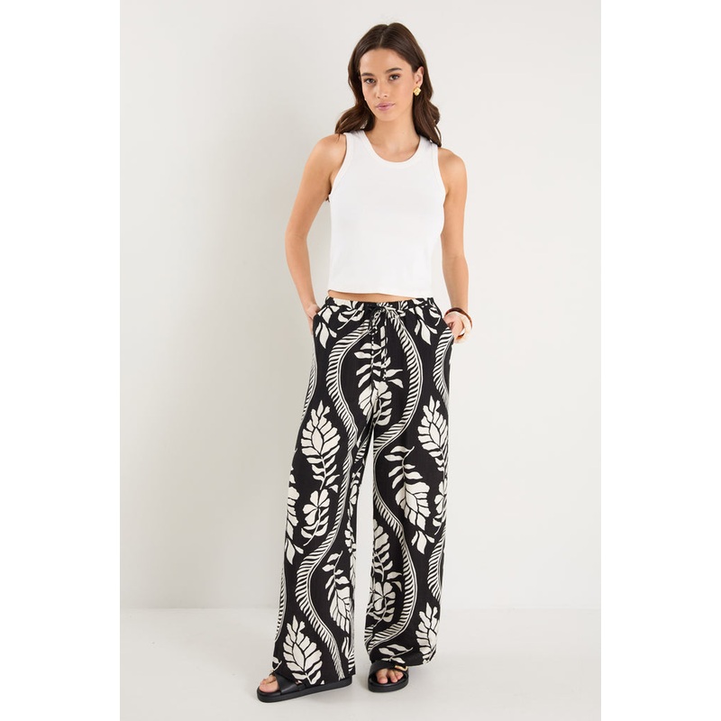 Clever Black Ivory Leaf Drawcord Wide Leg Pants