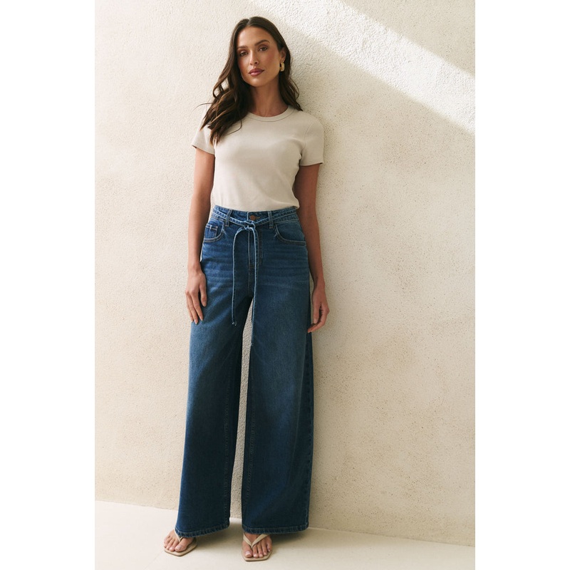 College Deep Blue Wide Leg Tie Belt Jean