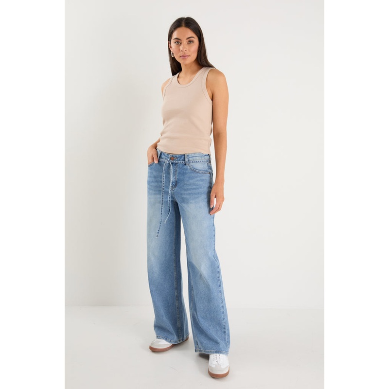 College Light Blue Wide Leg Tie Belt Jean