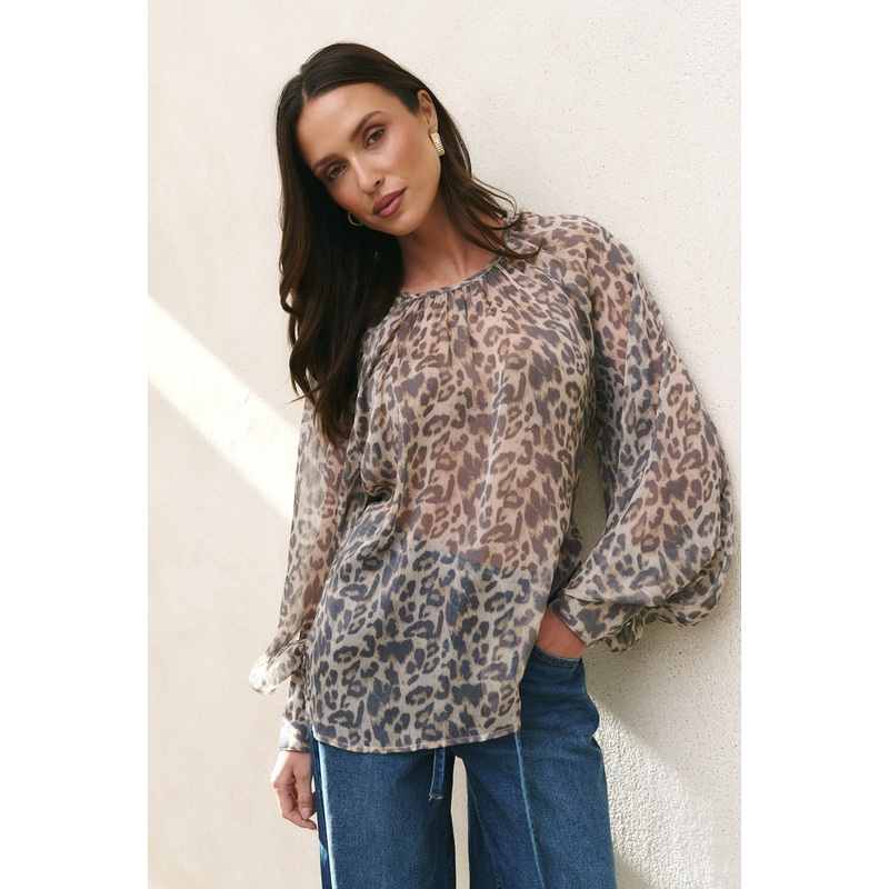 Cosmopolitan Leopard Print Crew Neck Floaty LS Top