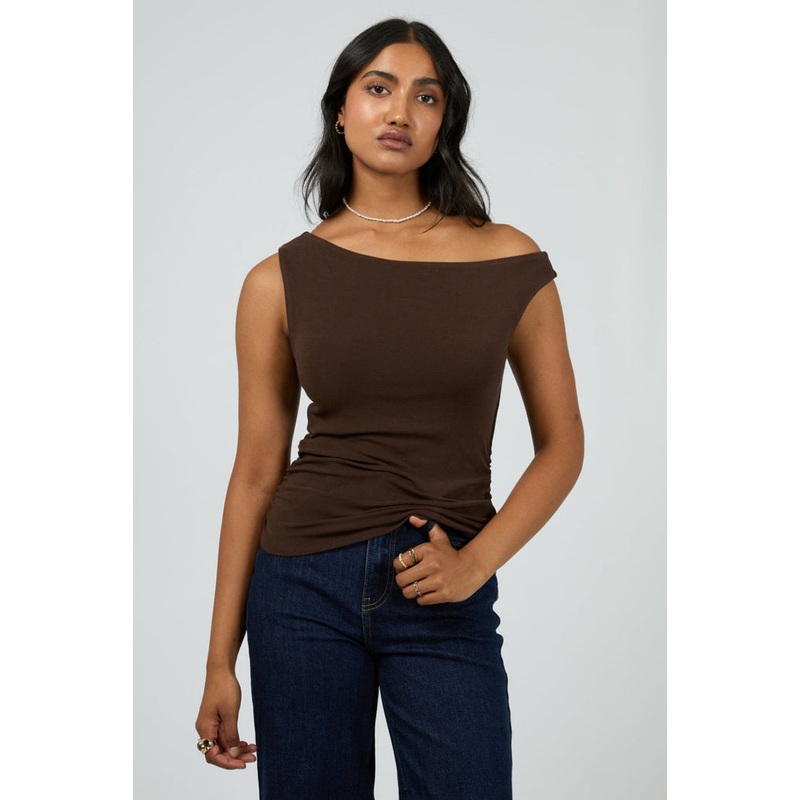Kylie Chocolate Off Shoulder SS Top