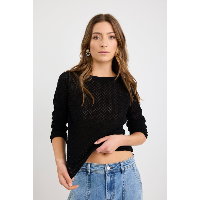 Patio Black Boat Neck Crochet Knit Jumper