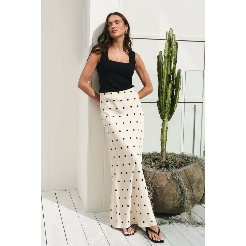 Prodigy Cream Black Polka Dot Satin Bias Cut Midi Skirt