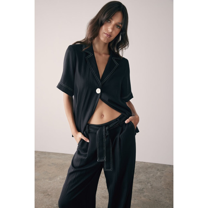 Rebound Black One Button Contrast Stitch SS Shirt
