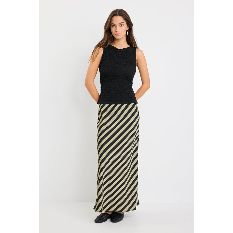 Stunning Khaki Black Stripe Satin Bias Midi Skirt