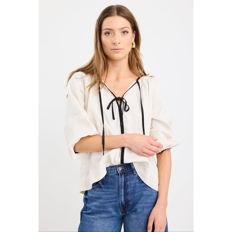 Subliminal Cream Black Trim Linen Relaxed LS Top