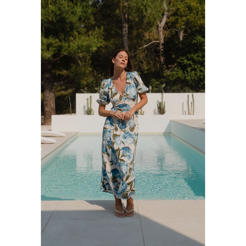Amora Blue Vintage Floral SS Bias Midi Dress