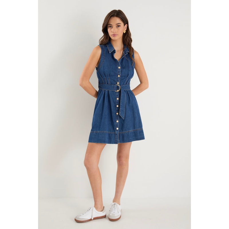 Archer Storm Blue Denim Sleeveless Mini Shirt Dress