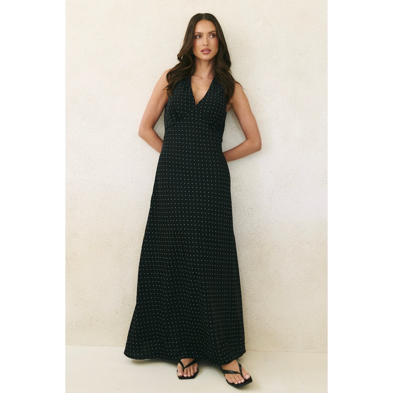 Aston Black Ditsy Polka Dot Satin Bias Flared Maxi Dress