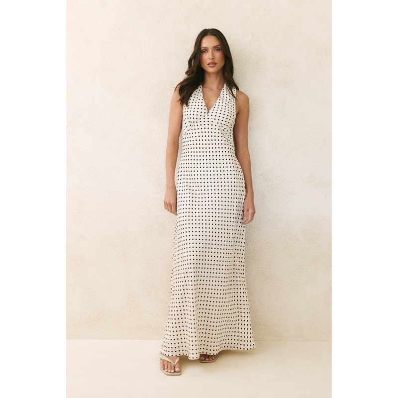 Aston Cream Ditsy Polka Dot Satin Bias Flared Maxi Dress