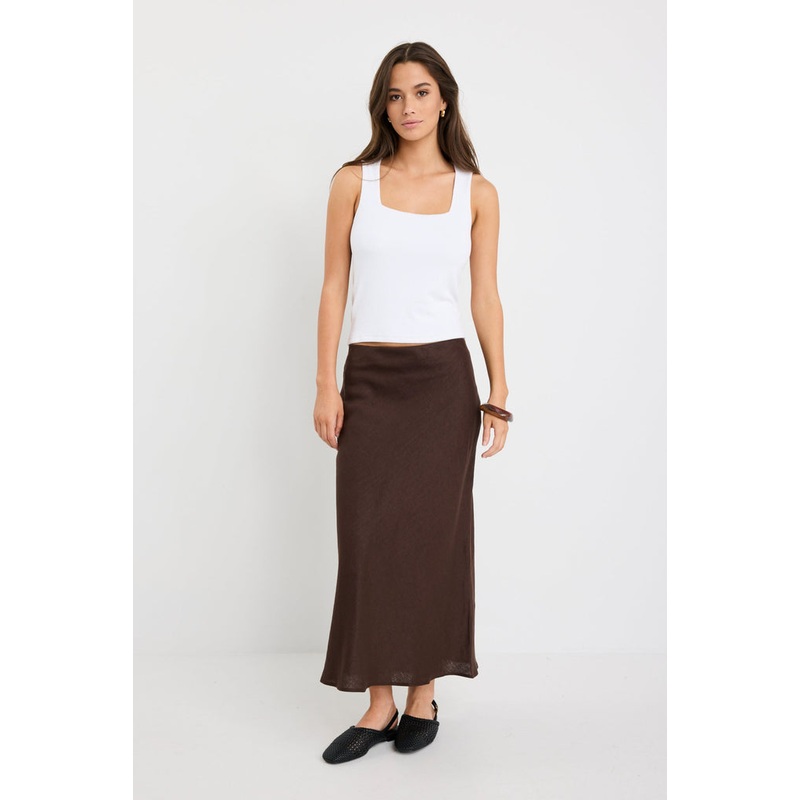 Bliss Dark Chocolate Linen Bias Midi Skirt