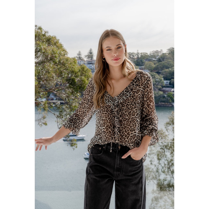 Bohemian Leopard Georgette LS Frill Front Top