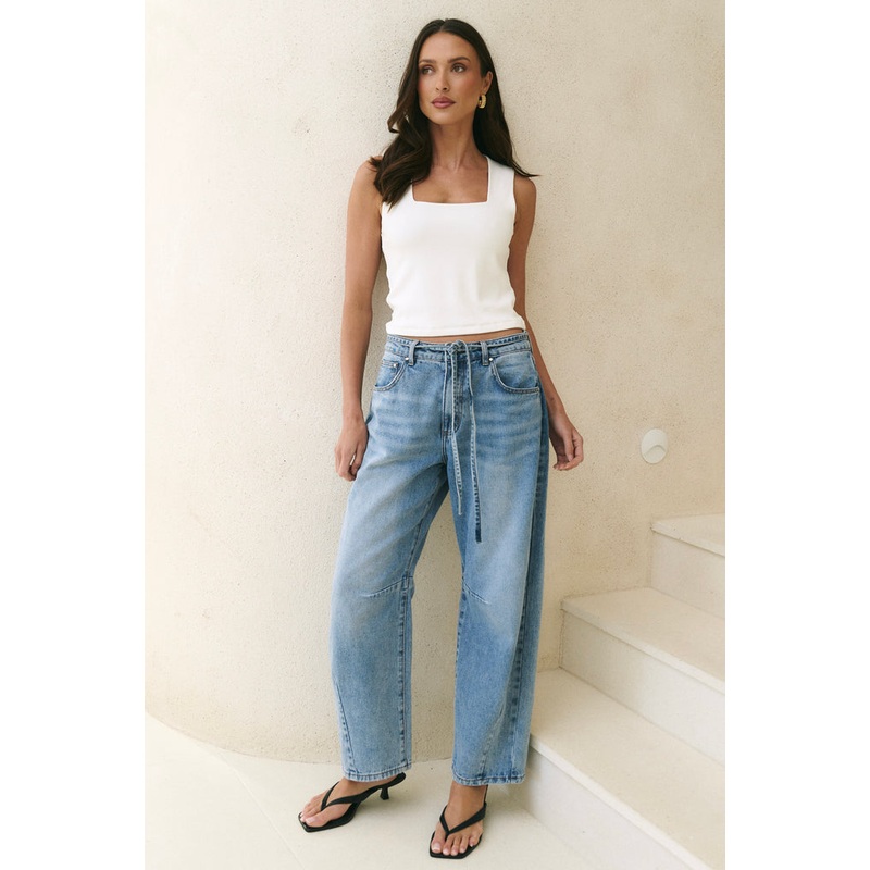 Campus Light Blue Tie Waist Barrel Jeans