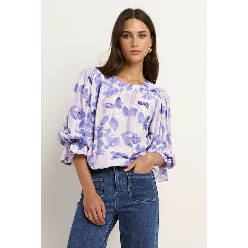 Candid Ivory Blue Floral Frill Sleeve Crew Neck SS Top