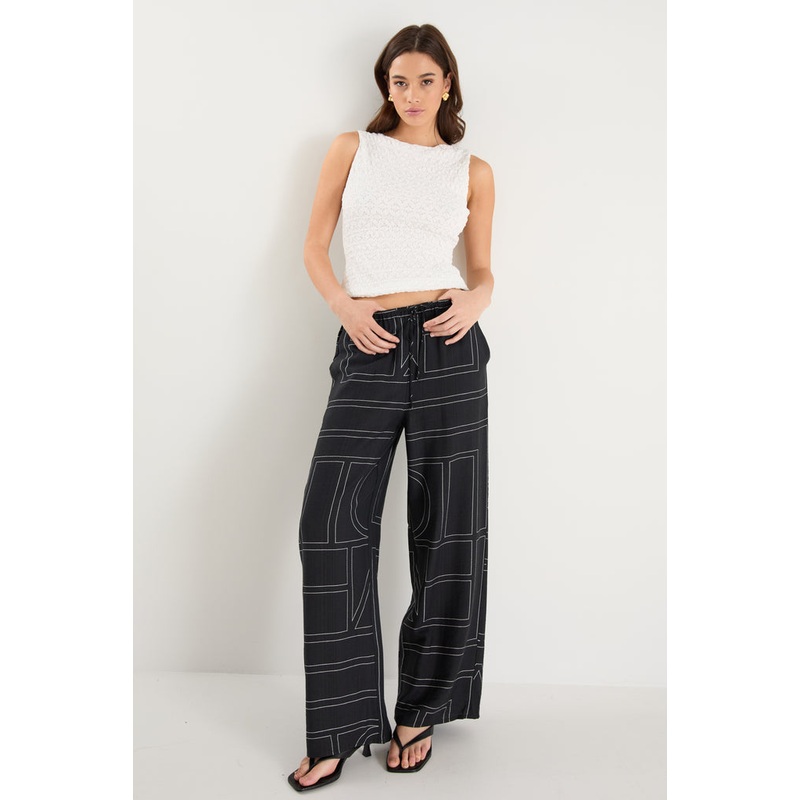 Clever Black Lines Drawcord Wide Leg Pants