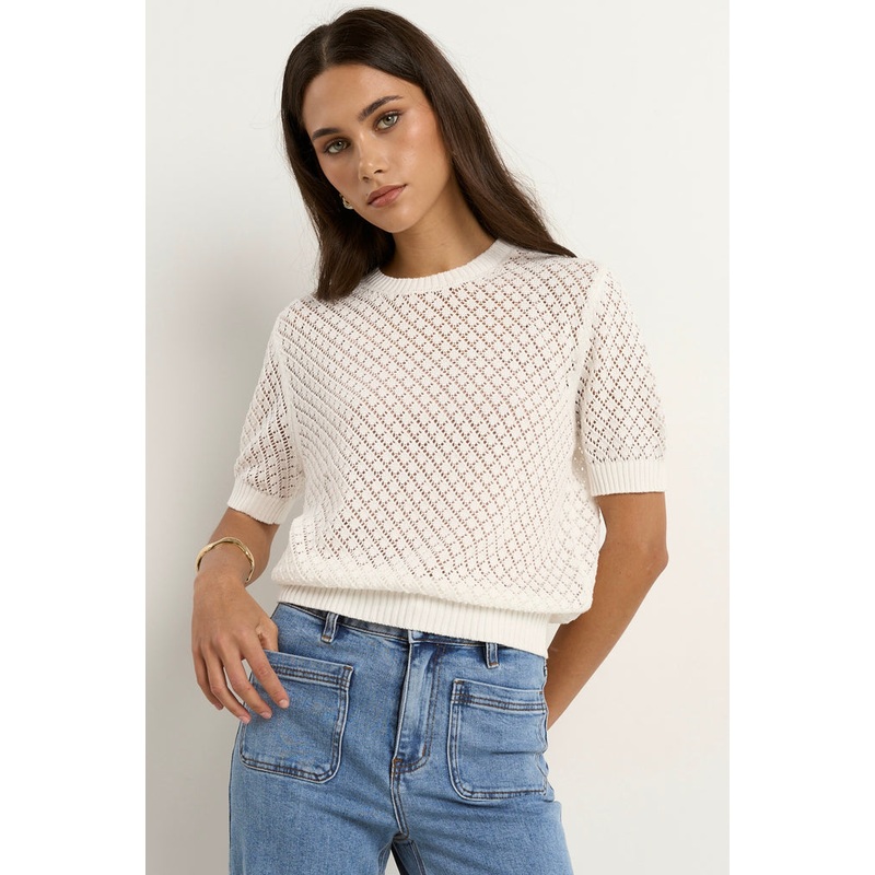 Dapple Ivory Boxy Knit Lace Tee