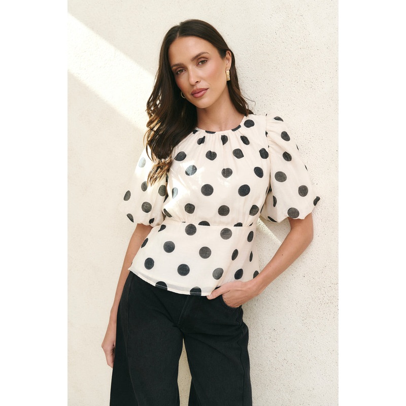 Finali Cream Black Polka Dot Puff Short Sleeve Top