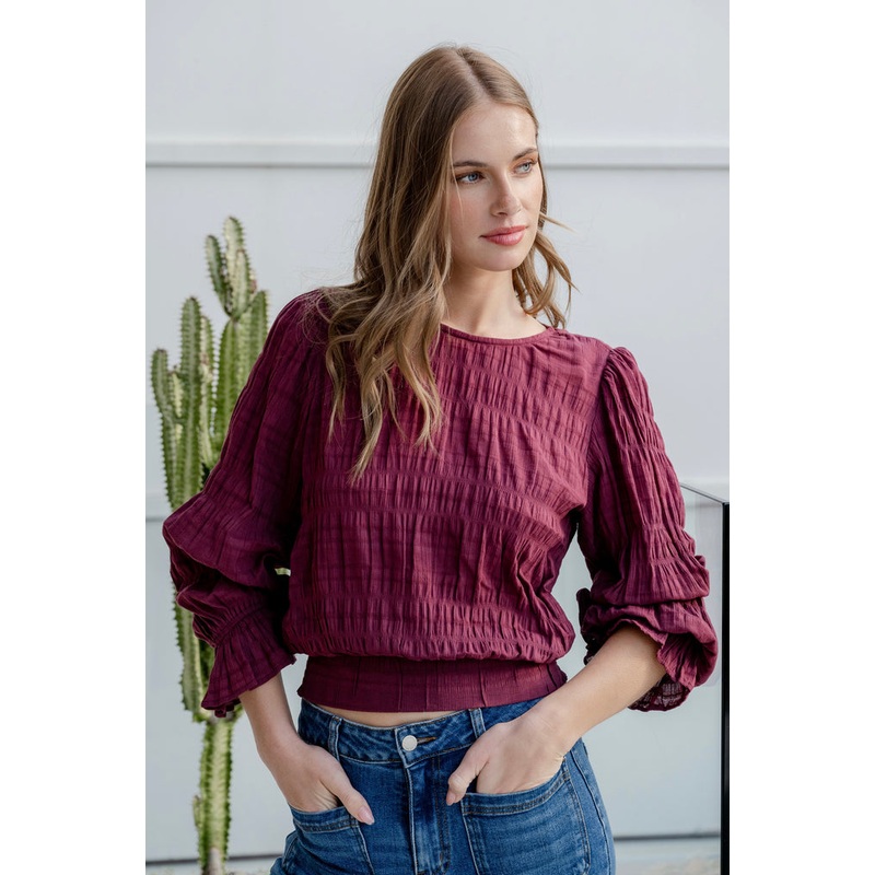 Imagine Burgundy Shirred Cotton Frill Sleeve LS Top