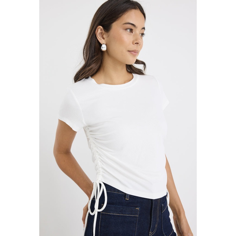 Perfect Ivory Rib Rouched Side Crop Tee