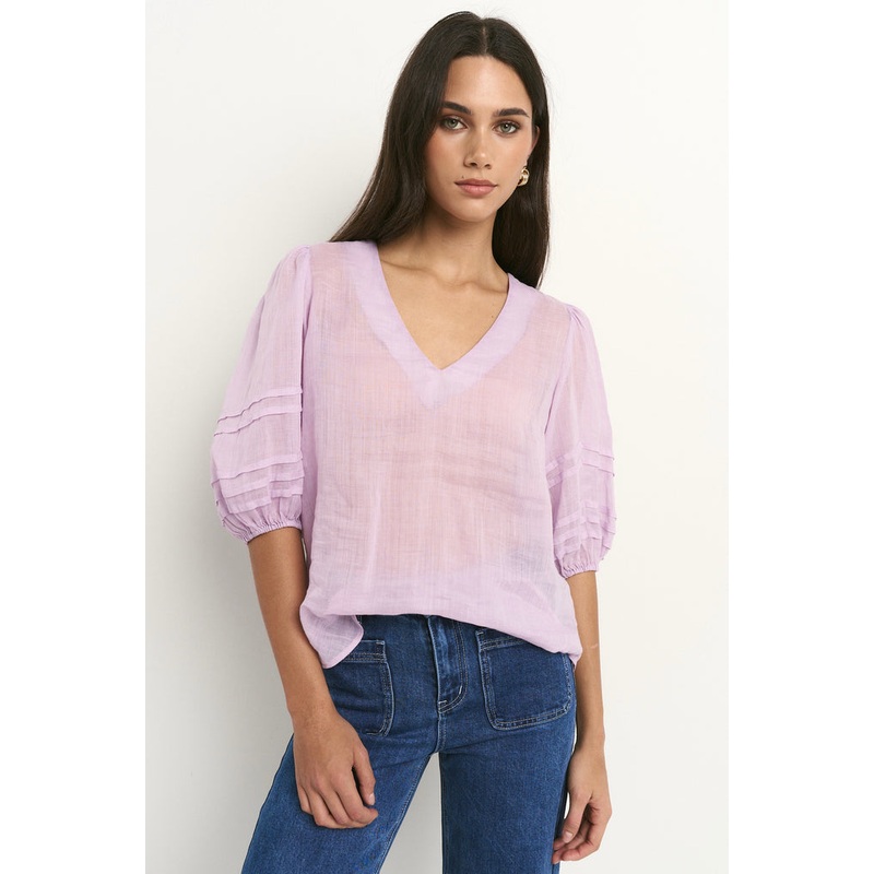 Recall Lilac Ramie Pleat Sleeve Crew Top