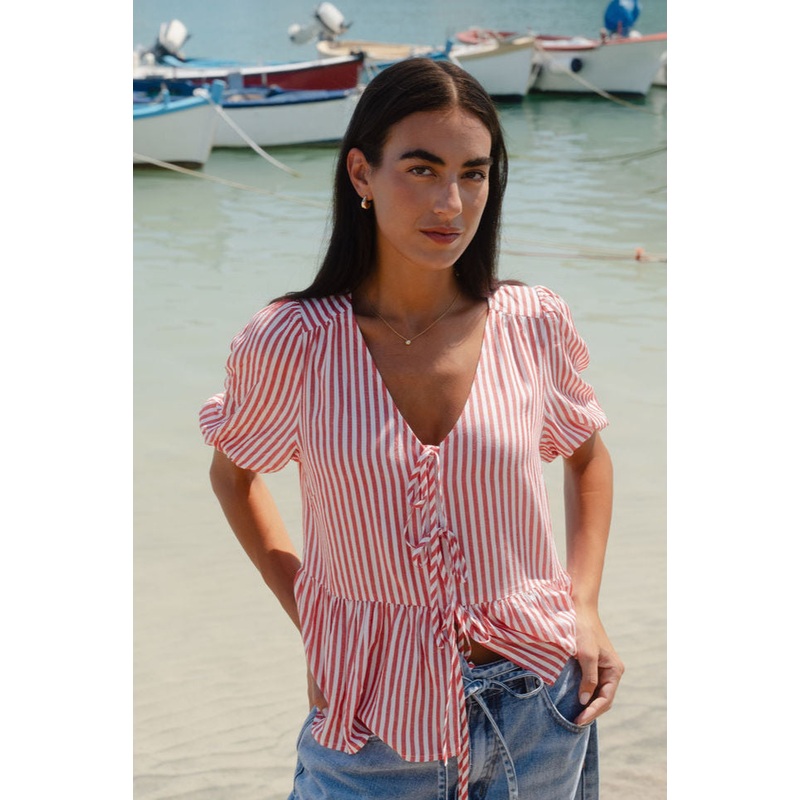 Restore Red Stripe Tie Front Peplum SS Top