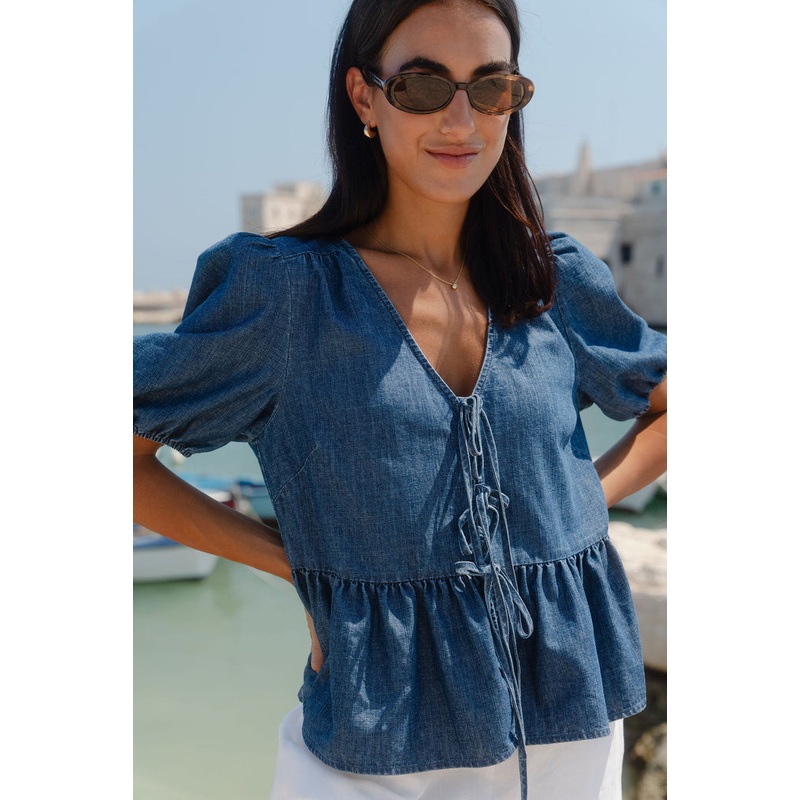 Restore Storm Blue Chambray Tie Front Peplum SS Top