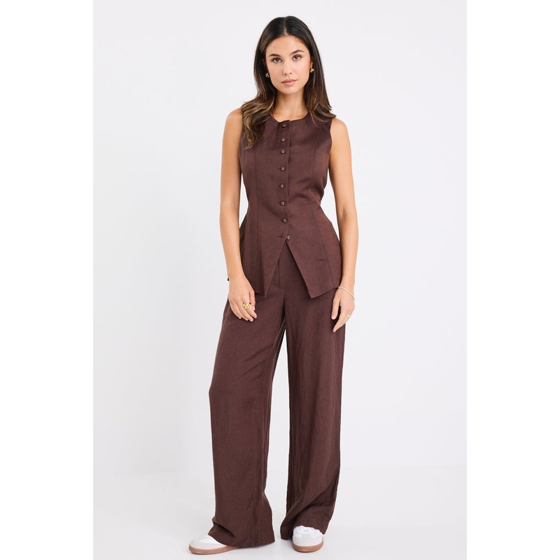 Shelter Chocolate Linen Viscose Flat Front Wide Pants