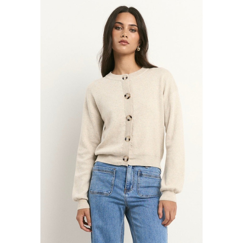 Solar Oat Cotton Fine Knit Crew Cardigan