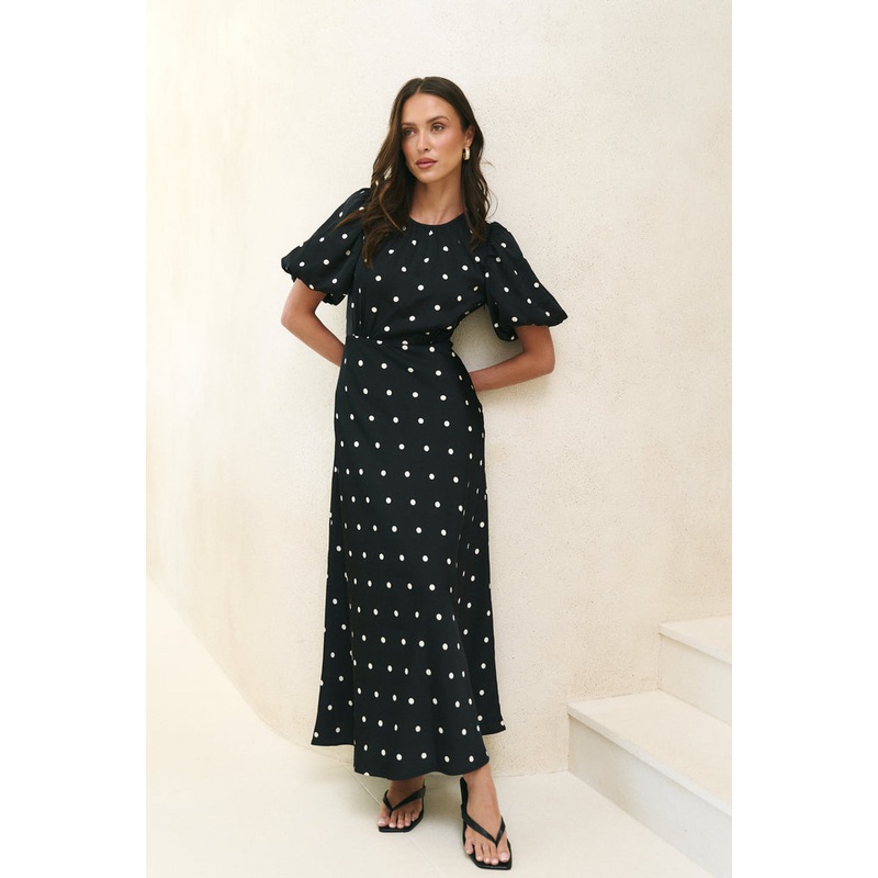 Stage Black Polka Dot Puff Sleeve Floaty Maxi Dress
