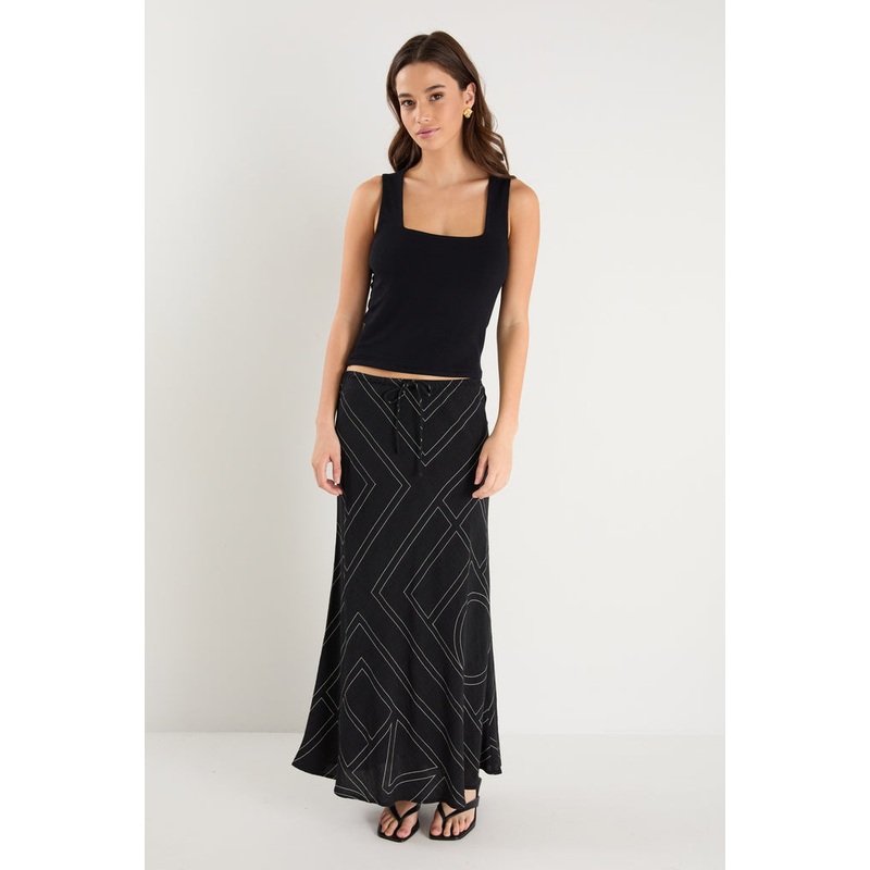 Summit Black Ivory Lines Viscose Blend Tie Waist Bias Maxi Skirt