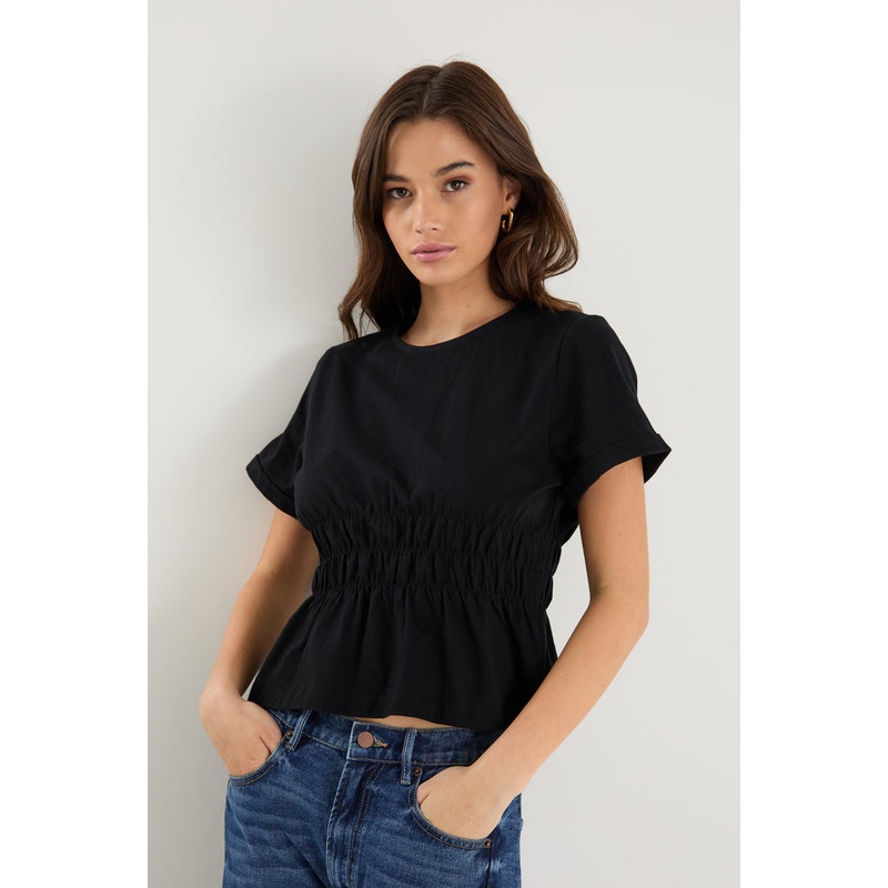 Svelte Black Shirred Detail SS Tee