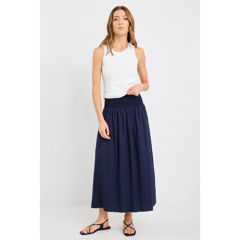 Wanderlust Navy Linen Blend Shirred Waist Maxi Skirt
