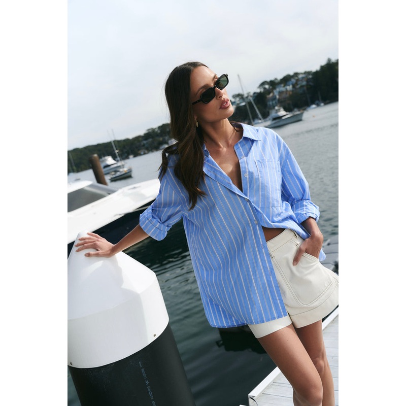 You Got This Mid Blue White Stripe Oversized Boyfriend Shirt