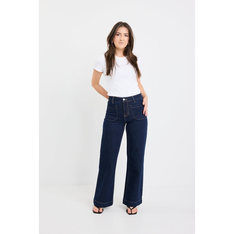 Zoey Indigo Petite High Rise Wide Leg Pocket Jean