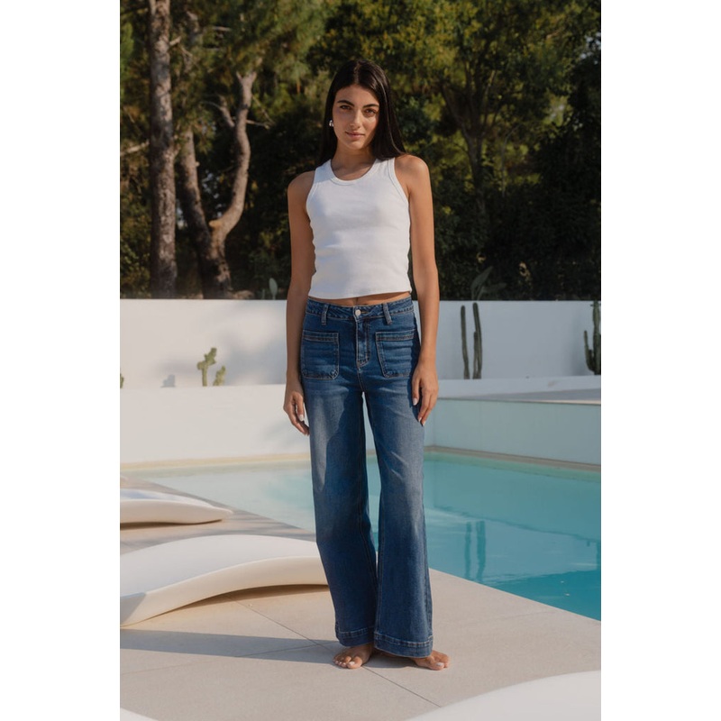 Zoey Marine Blue High Rise Wide Leg Pocket Jean