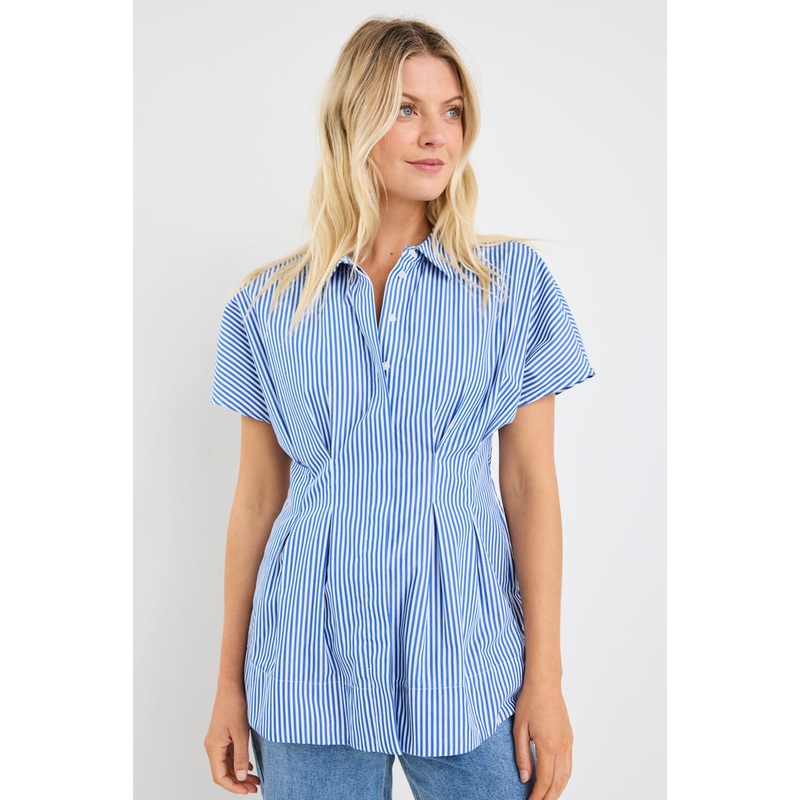 Astute Bright Blue Stripe Short Sleeve Corset Detail Top