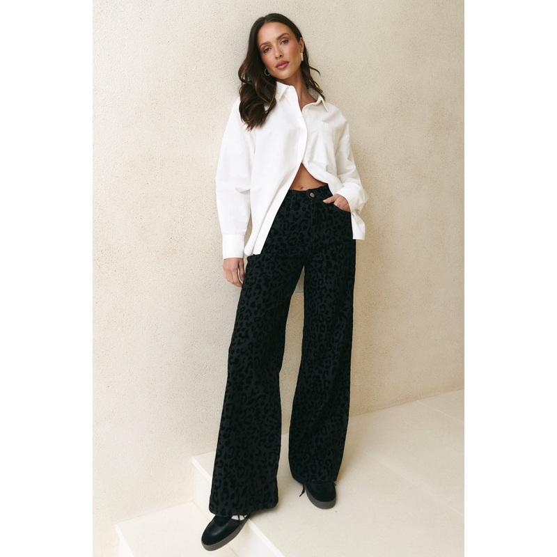 Belmont Black Animal Mid Rise Wide Leg Jean
