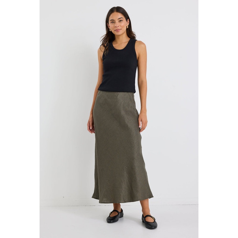 Bliss Khaki Linen Bias Midi Skirt