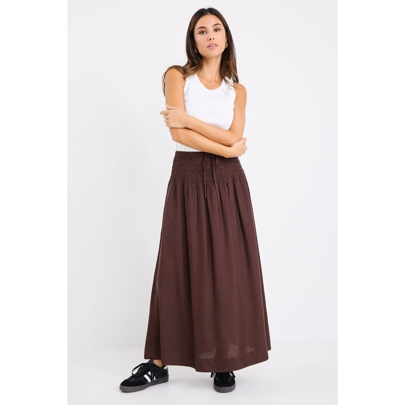 Byron Chocolate Linen Blend Shirred Waist Maxi Skirt