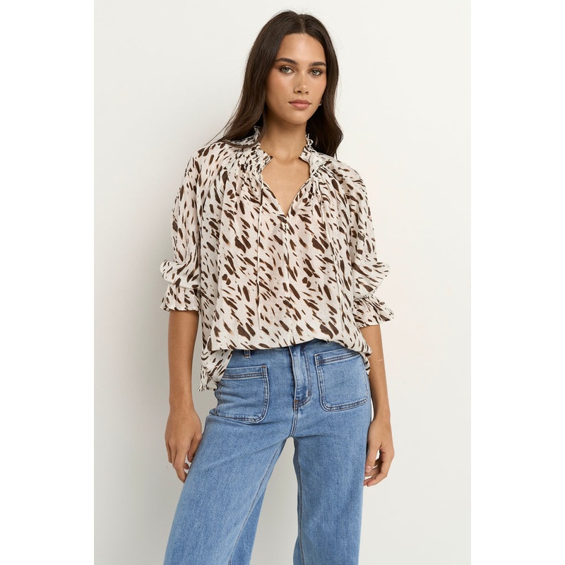 Certainty White Chocolate Animal Shirred Neck SS Top