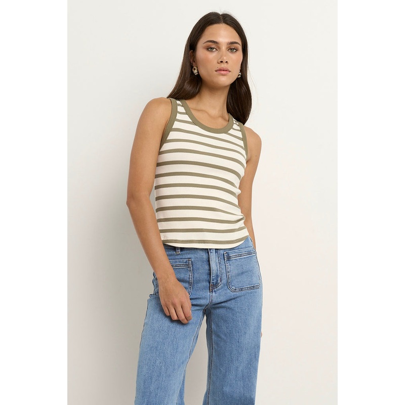 Cobble Khaki Ivory Stripe Rib Cutaway Tank