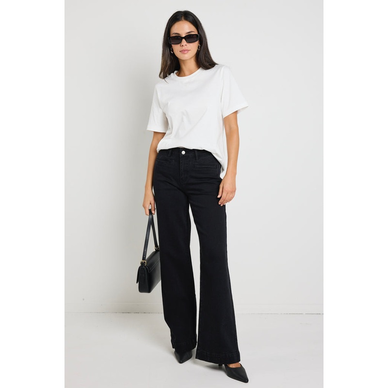 Concert Black Mid Rise Wide Leg Welt Pocket Jean