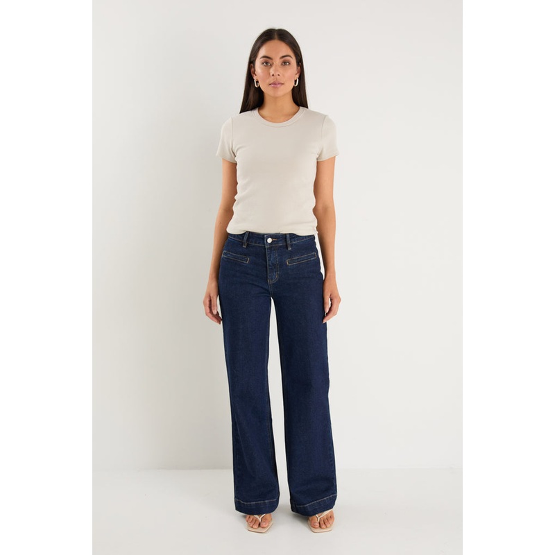 Concert Indigo Mid Rise Wide Leg Welt Pocket Jean