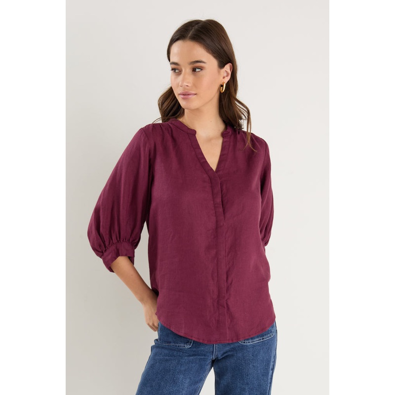 Deity Burgundy Plum Linen Button Through Puff Sleeve Ss Blouse